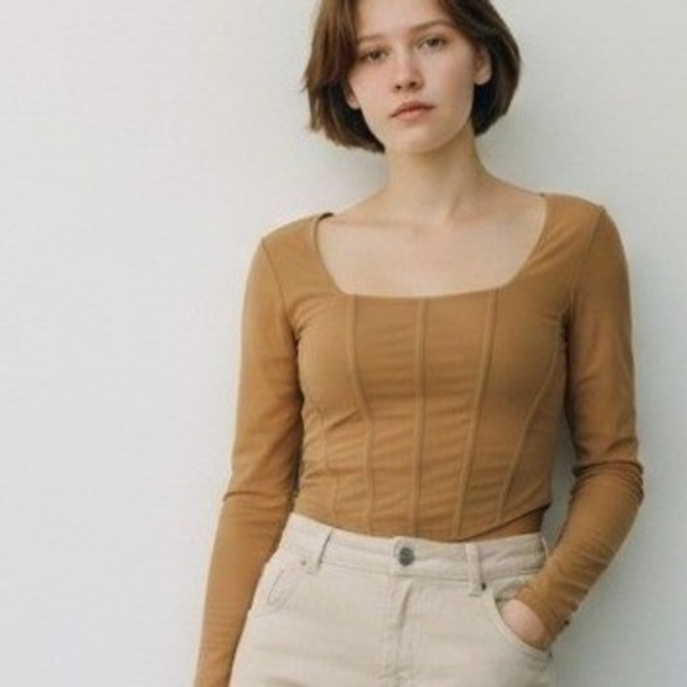 Love Tree Tan Mesh Long Sleeve Corset Style Square Neck Crop Top Large